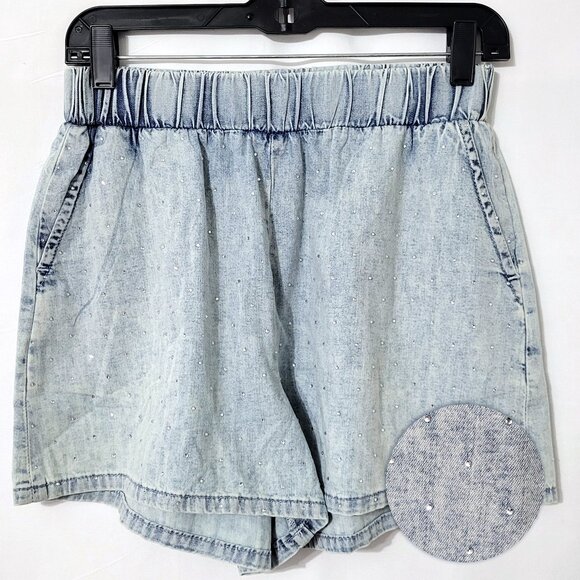 Good American Women Paperbag Pull On Shorts Sz 1 S Chambray Rhinestone Soft Girl - Picture 1 of 14